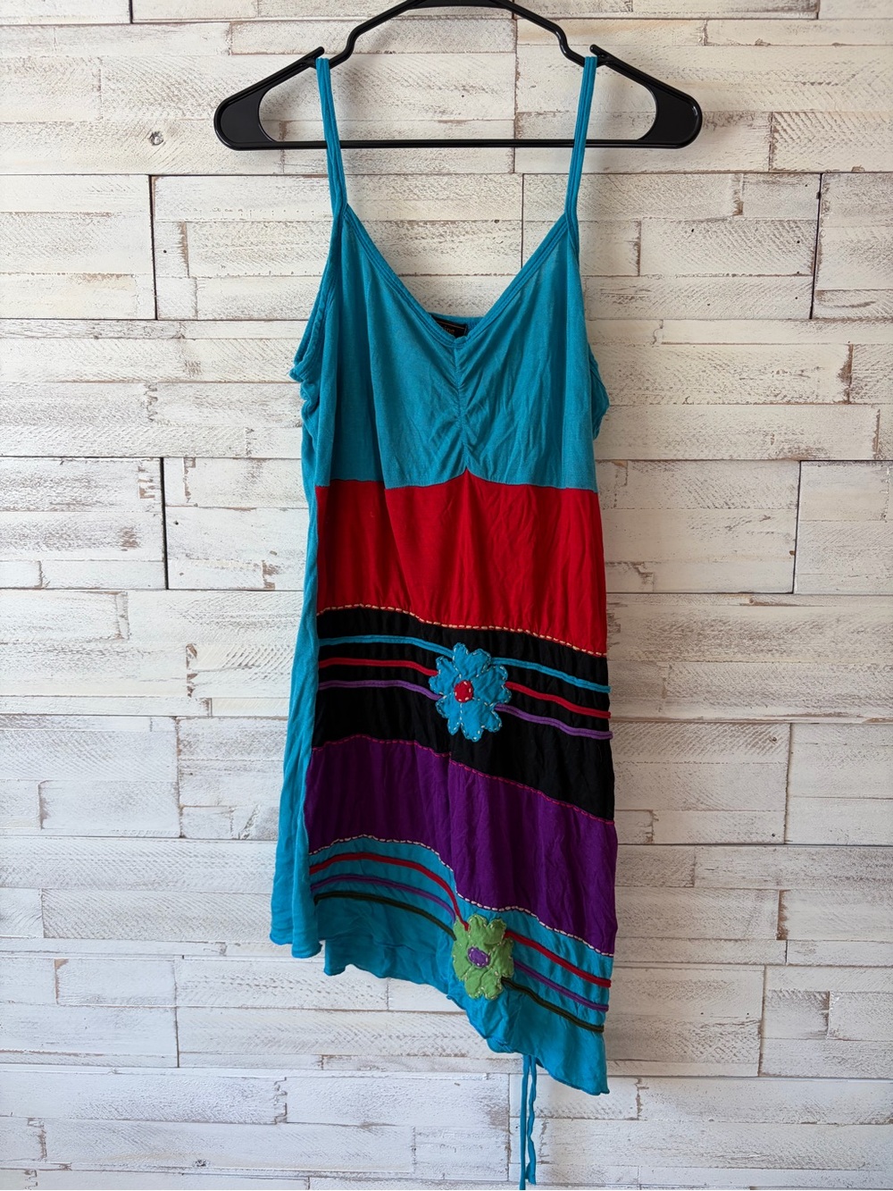 Boho Colorblock Spaghetti Strap Dress in Teal, Red & Purple hippie vtg Medium